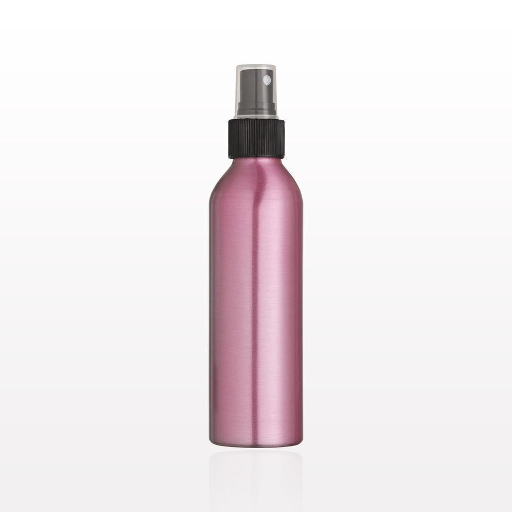 Pink Aluminum Bottle and Black Sprayer with Clear Overcap