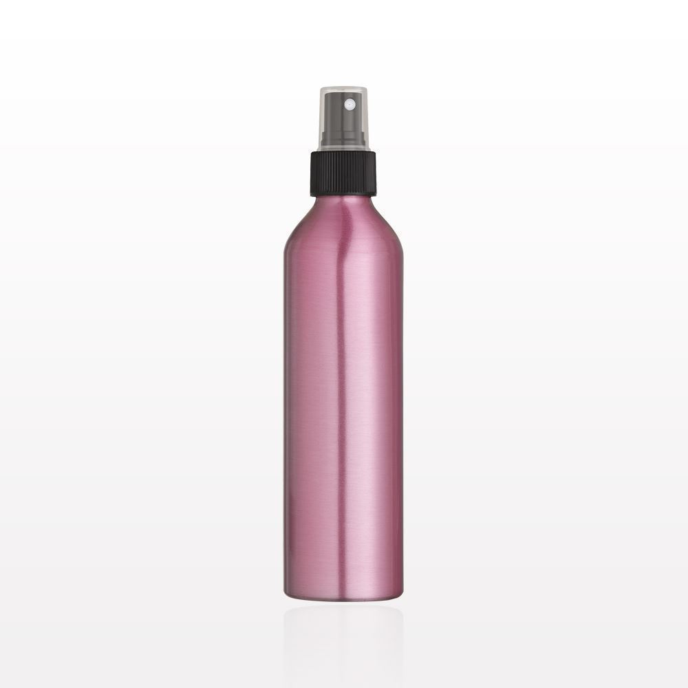 Pink Aluminum Bottle and Black Sprayer with Clear Overcap