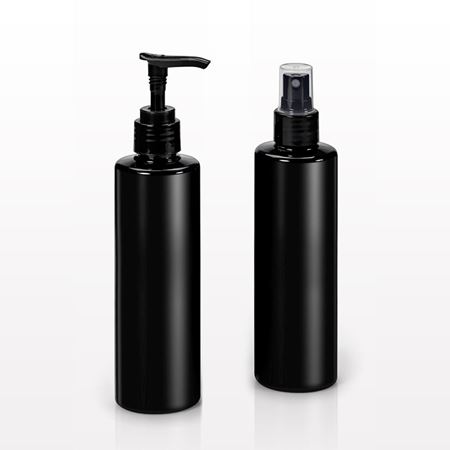 250 ml Cylinder Bottles, Black with Sprayer or Lotion Pump