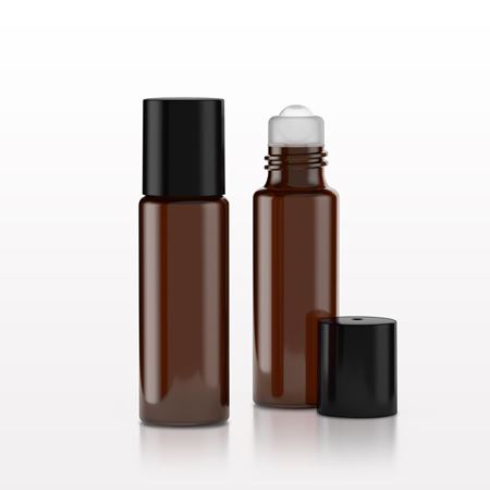 Glass Bottle, Amber with Glass Roller Ball with Natural Housing and Screw Cap, Black